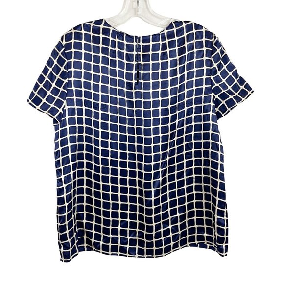 Theory Tile Print Satin Short Sleeve Silk Blouse Navy Blue - Size Medium - Picture 2 of 6